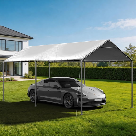 BaPiPro 10' x 20' White Gable Roof Carport Canopy, Heavy-Duty Galvanized Steel, Waterproof UV-Resistant PE Tent with Adjustable Height, 7-Level Wind Resistance for Car, Boat and Patio Storage
