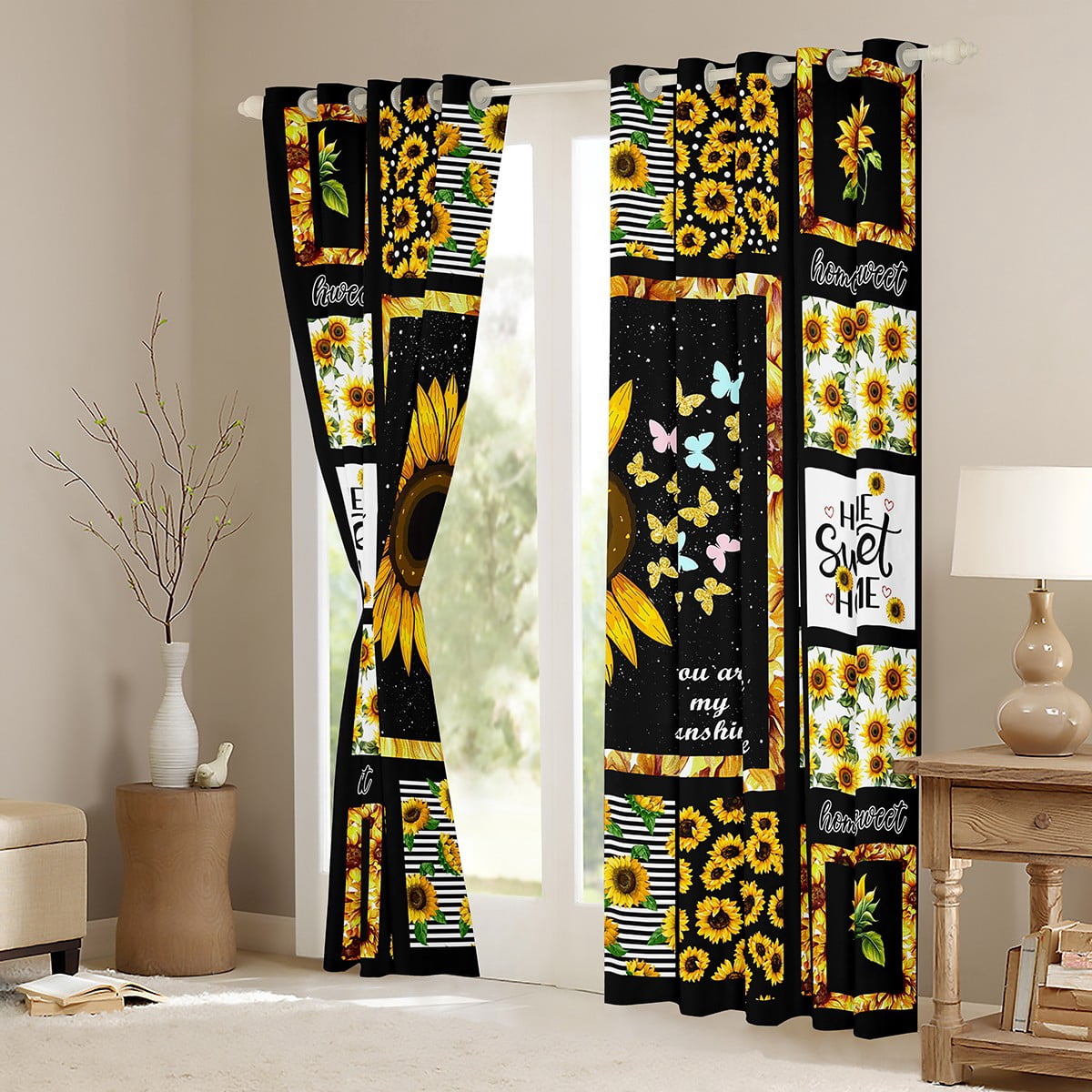 Manfei Rustic Sunflower Curtains and Drapes (52x84), Black Yellow Curtains Pack of 2, Floral Patchwork Black Out Curtains, Window Curtains Room Decor