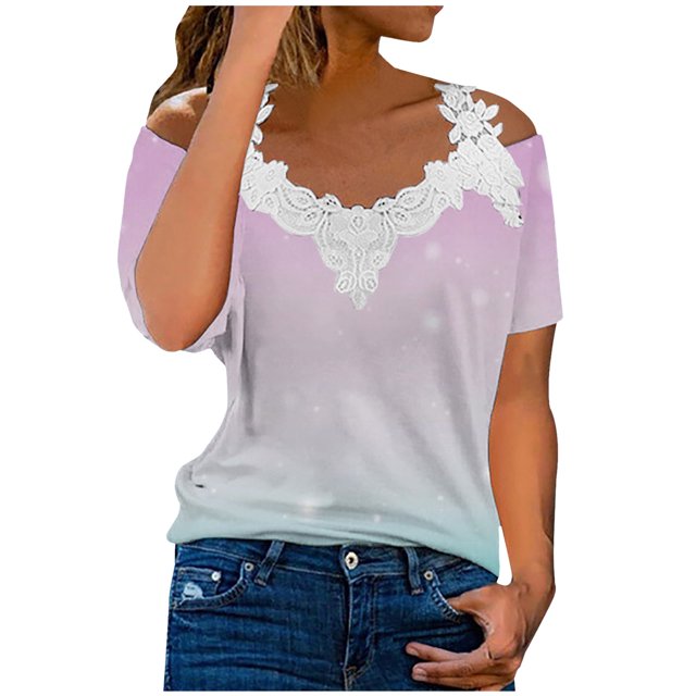 Blusa superior sexy de manga corta con retazos de encaje con cuello en V de verano para mujer OAVQHLG3B Store lin121212