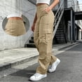 thumbnail image 2 of TEAJOPSUU Women's Twill Cargo Pants Wide Leg Elastic High Waisted Pants with Pockets Casual Tummy Control Trousers for Outdoor Hiking Travel Everyday A-Khaki, 2 of 9