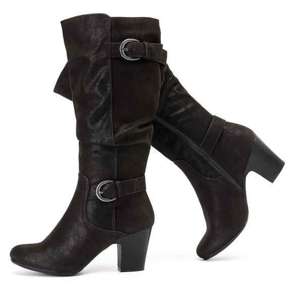LOVE STEETLY Women's Knee High Slouchy Chunky Heel Boots, Side Zipper Round Toe Faux Leather Casual Comfort Versatile Boot