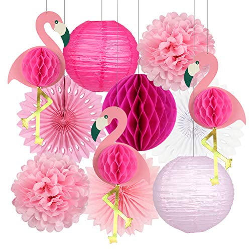 Tropical Party Decorations Pink Flamingo Party Supplies Pom Poms Paper Flowers Tissue Paper Fan Paper Lanterns for Hawaiian Summer Beach Luau Party 