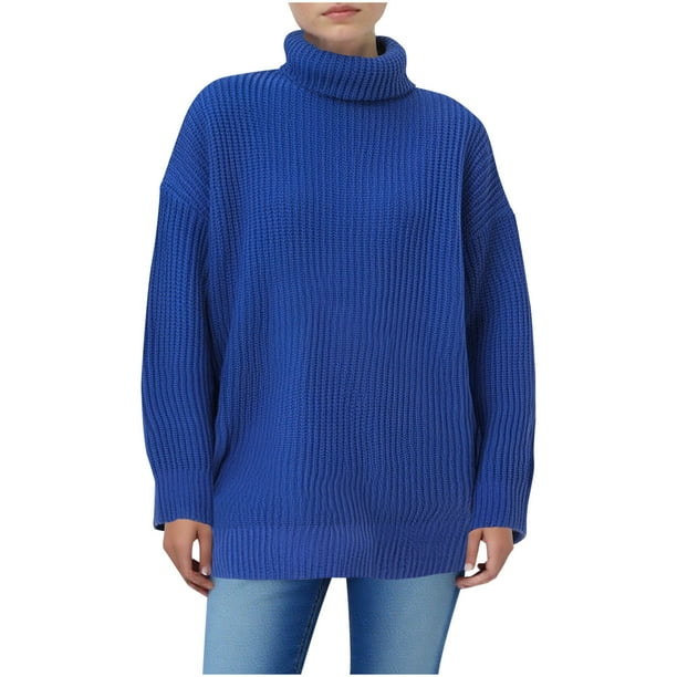 Suéter de cuello redondo para mujer, jersey de punto de color liso de manga larga y cuello alto, top para mujer