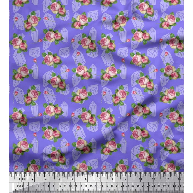 Soimoi Tissu Poly Georgette Violet Feuilles & Roses Grandiflora Imprimé Floral Tissu au Mètre 52 Pouces de Large
