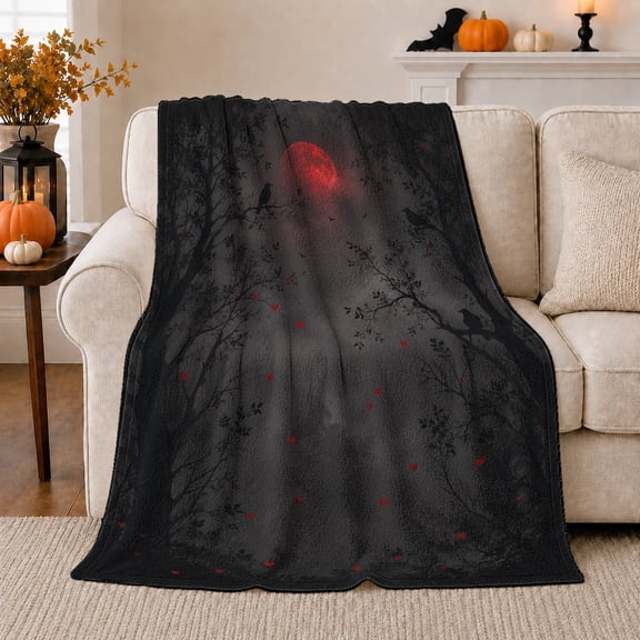 Crows in Dark Forest with Red Moon, Spooky Gothic Style for Halloween Lovers, Cozy Crimson Woodland Scene, Flannel Blanket for Bedroom and Reading Nook, Halloween Gift and Gothic Home Decor