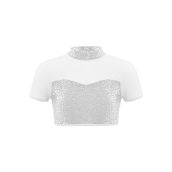 TSSOE Kids Girls Shiny Sequins Dance Crop Tops Mock Neck Short Sleeve Mesh Patchwork Jazz Hip Hop Dance T-Shirt Silver 6