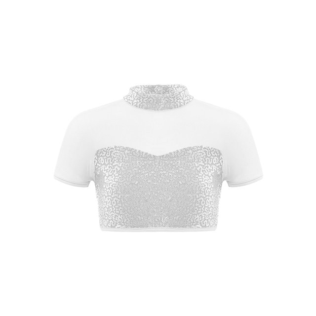 Kaerm Girls Belly Dance Shirt Short Sleeve Mock Neck Mesh Patchwork Cutout Back Crop Top with Glitter Rhinestones Silver 8