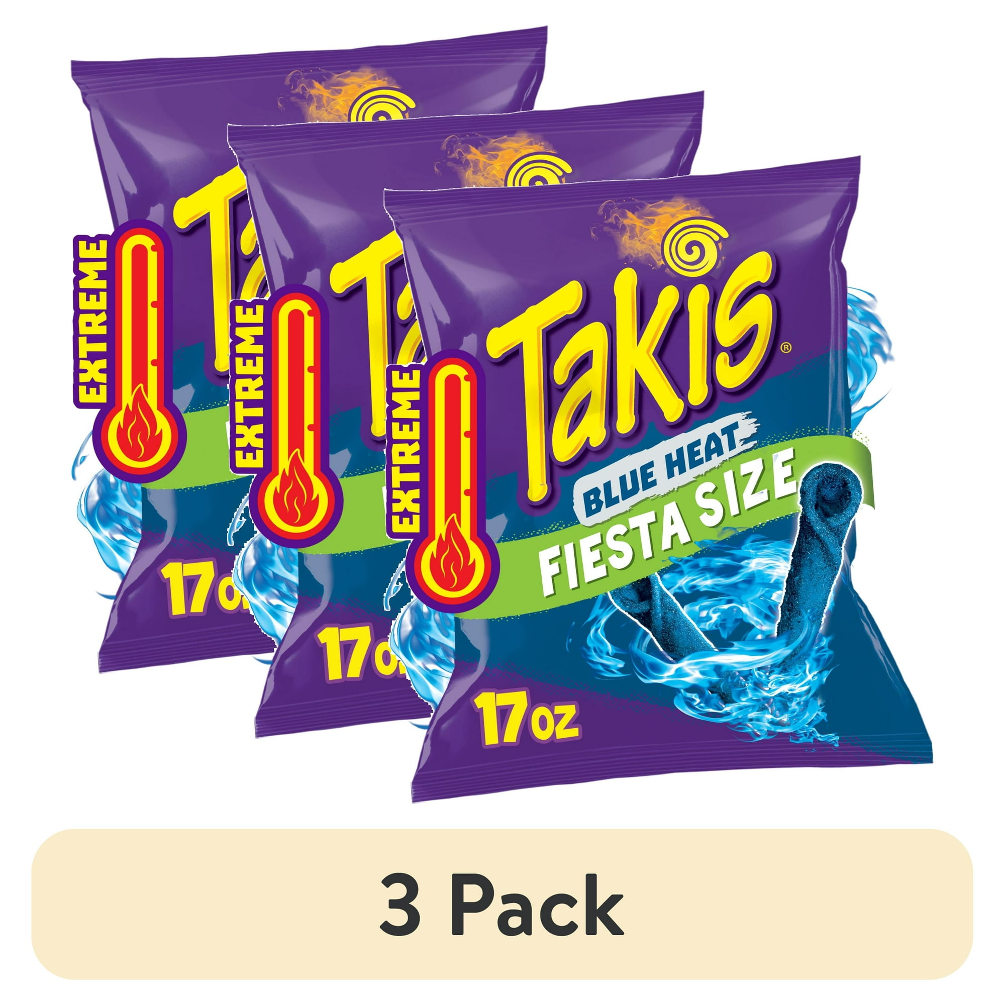 (3 pack) Takis Blue Heat 17 oz Fiesta Size Bag, Hot Chili Pepper Rolled Tortilla Chips