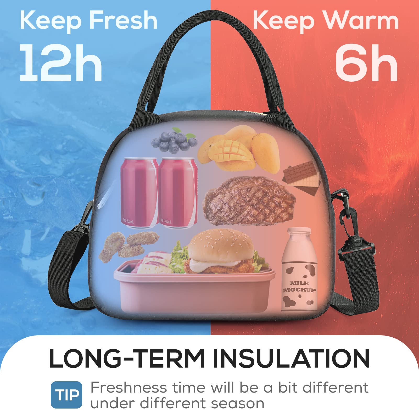 TOURIT Insulated Lunch Box Reusable Lunch Tote Bag, Soft Thermal Cooler Bag Food Container with Adjustable Shoulder Strap for Women Men Kids, Work School Picnic Beach, Midnight Black - image 4 of 8