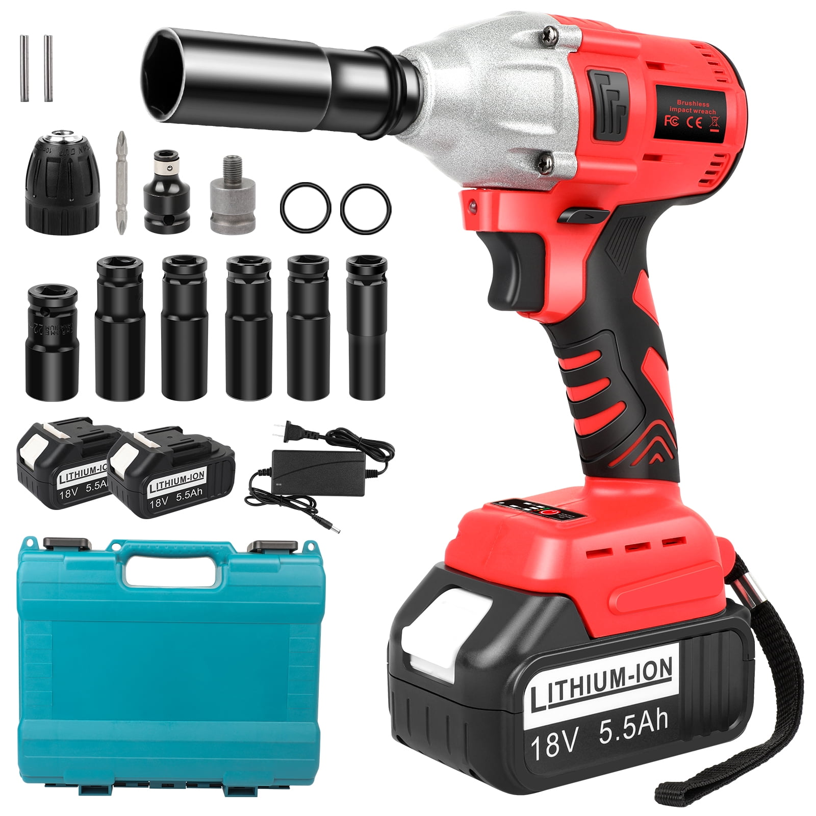 Huajiang Tech 1 2 inch 650Nm Cordless Impact Wrench with 2x 18V 5.5Ah Batteries and Sockets Walmart