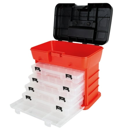 Stalwart Portable Tool Storage Box - Small Parts Organizer with 4 Multi-Compartment Trays for Fishing Tackle, Hand Tools, or Craft Supplies -(Red)