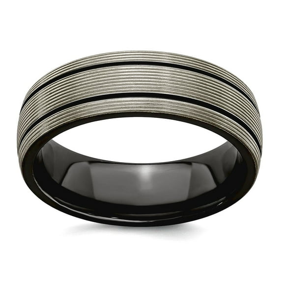 Black Titanium Polished Grooves and Textured Lines 7mm Band Size 8.5 Ring for Women and Men