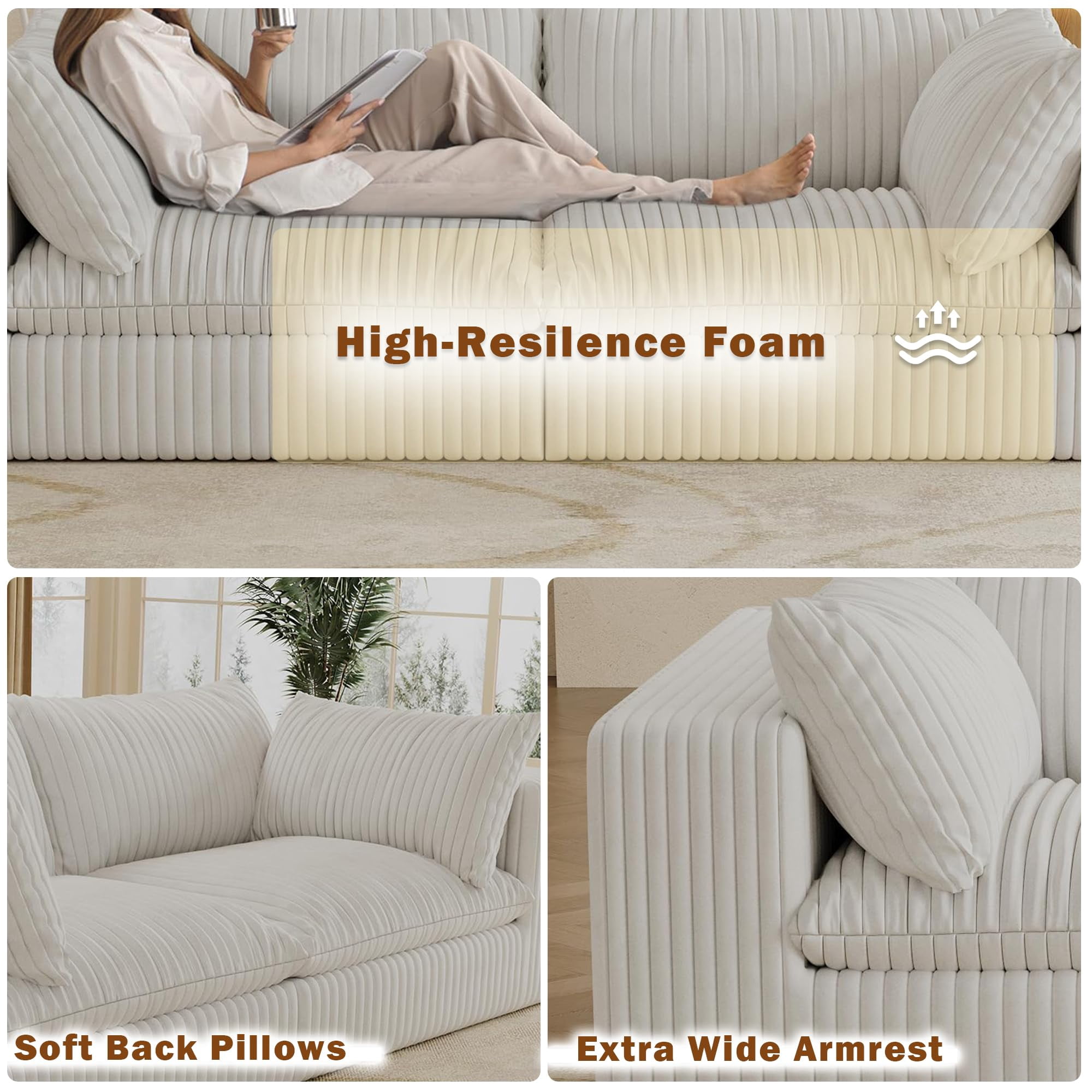 Eyisean 78.8" Corduroy Cloud Loveseat Couch with Ottoman, 2 Seater Comfy Boneless Couch with Throw Pillow, Removable Cushion, Lounge Sofa in a Box, Modular Sectional Sofa for Living Room, Bedroom