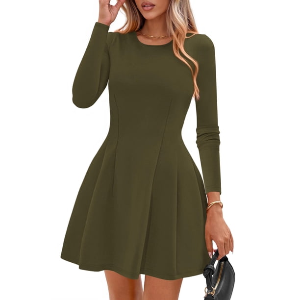 Vestido PRETTYGARDEN Mini Manga Larga Cuello Redondo Verde Militar M