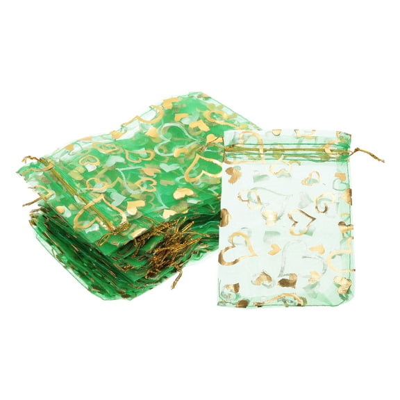 100 Pcs 4x6 Inch Heart Printed Organza Bags, Green Sheer Heart Organza Bags with Drawstring for Candy Party Favor Gift