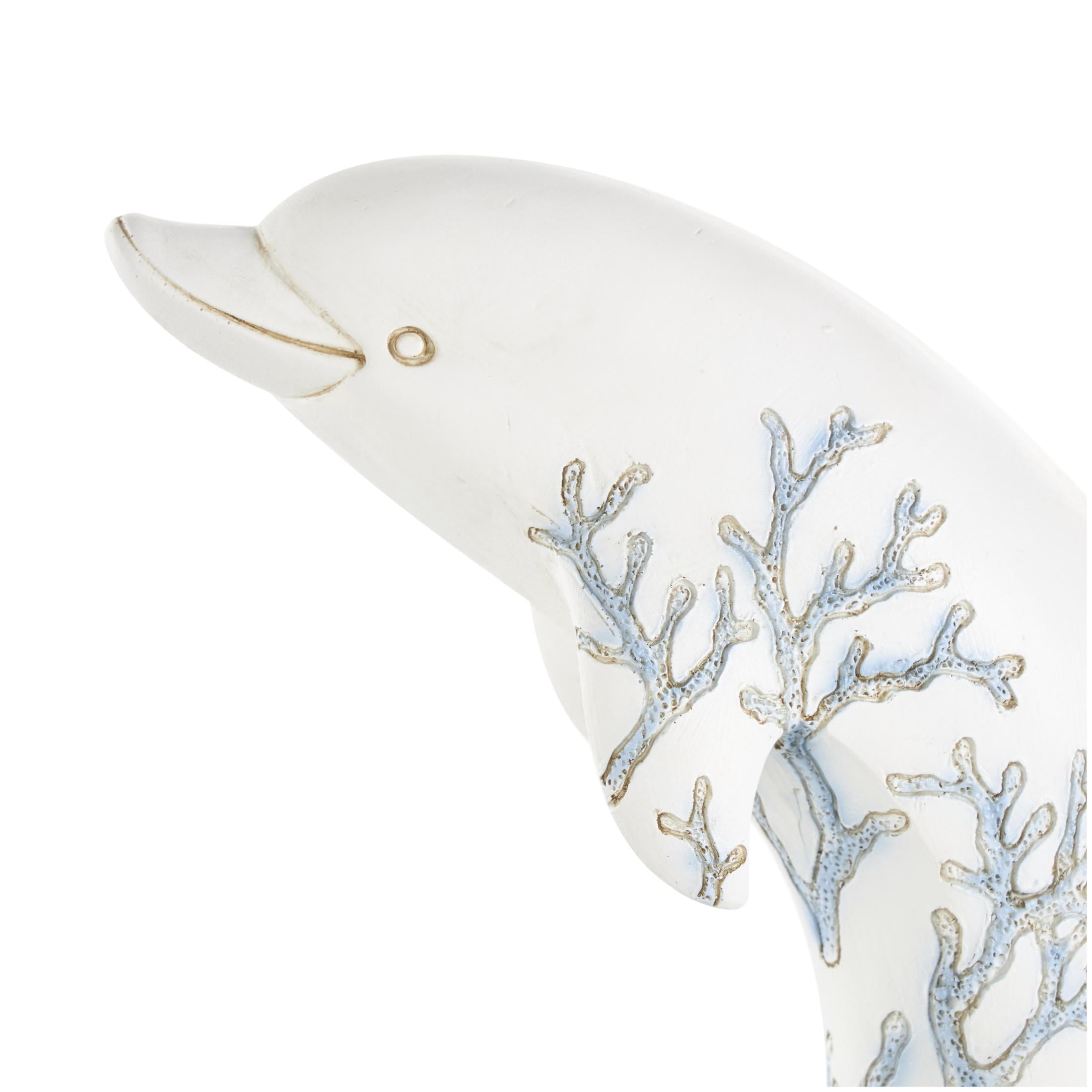 7" x 12" White Polystone Curved Dolphin Sculpture with Blue Coral Patterns, by DecMode