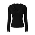 thumbnail image 4 of GUACER Womens Lace Trim V-Neck Long Sleeve Tops - Slim Fit Ribbed Knit Blouse for Layering & Everyday Wear, 4 of 6