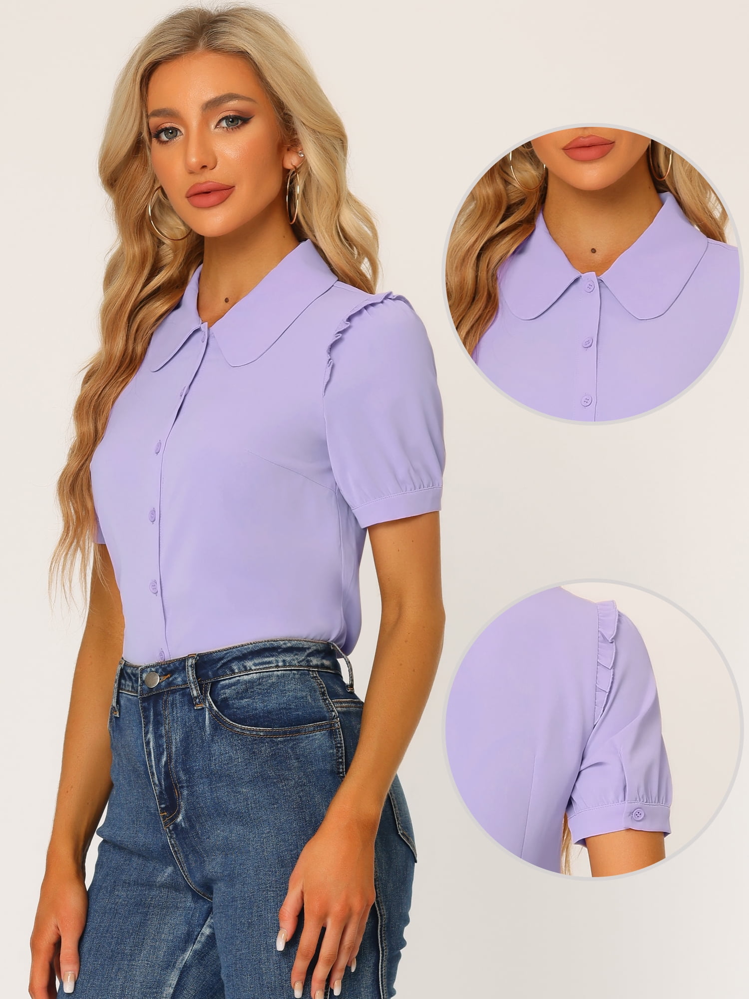 DARING DIVA Women's Peter Pan Collar Short Sleeve Button Front Shirts M Purple
