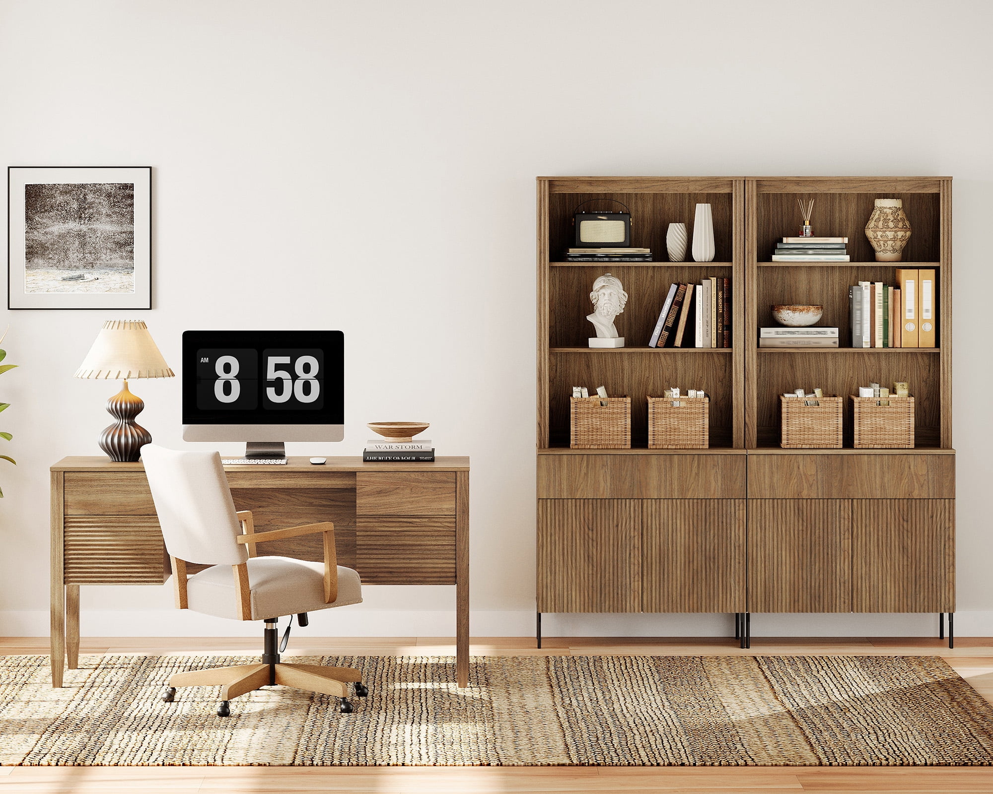WAMPAT 3 Piece Home Office Furniture Set, 58" Desk with 71.5" Bookcase, Bookcase with 2 Drawer & 4 Doors, Adjustable Shelves, Modern Fluted Wood Office Furniture for Home Office, Study Room, Bedroom