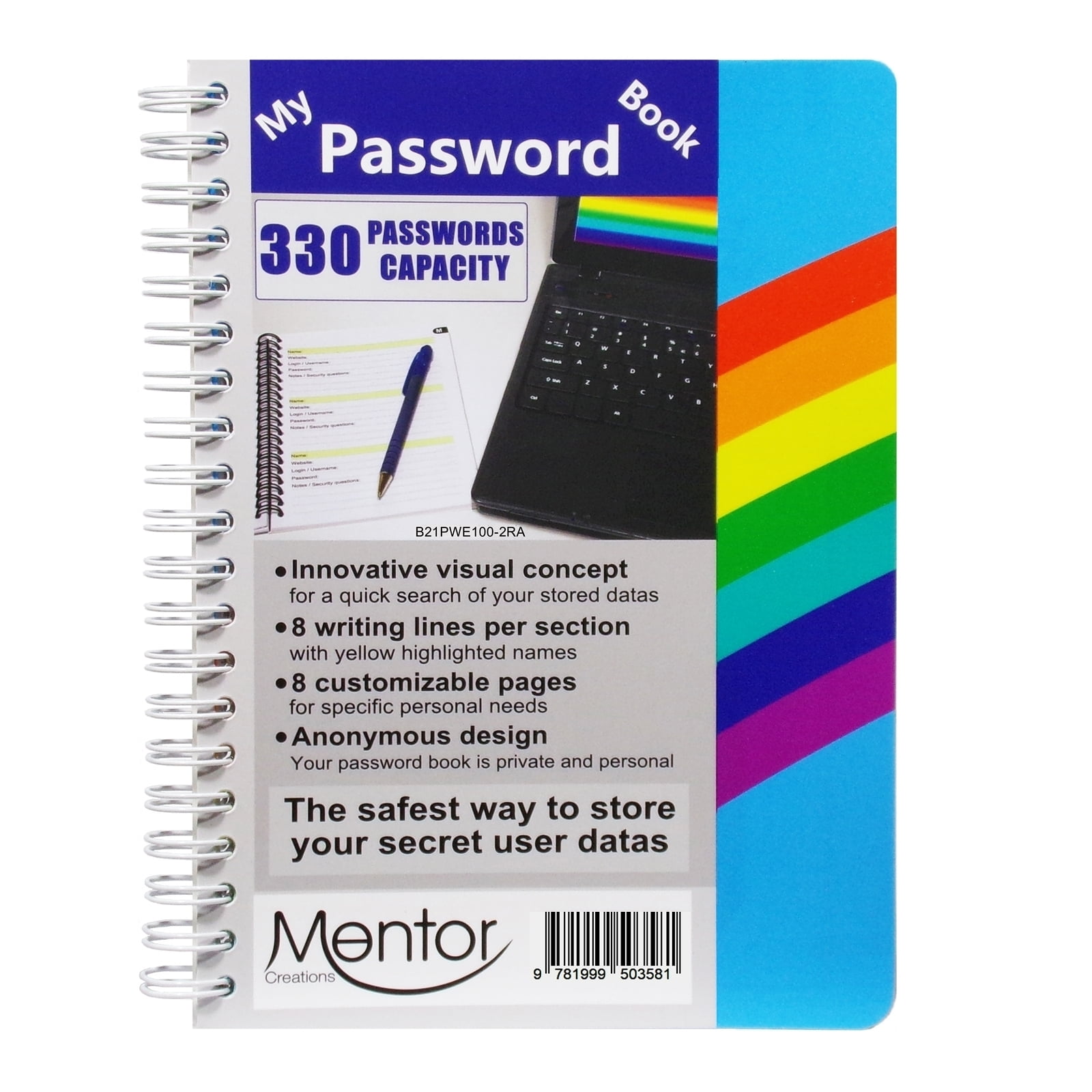 My Password Book 7" x 5" Password and Private Code Journal Rainbow