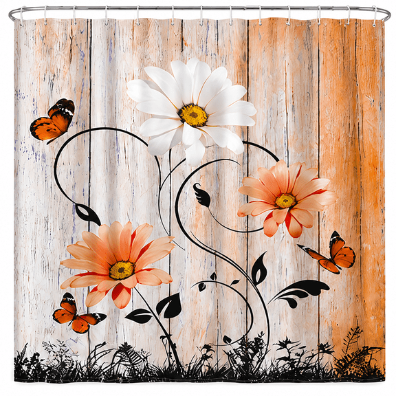 Rustic Farmhouse Shower Curtain, White Orange Daisy Flowers with Monarch Butterflies on Weathered Light Wooden Planks, Vintage Floral Waterproof Fabric Bathroom Curtain with Hooks, 72x72 Inches