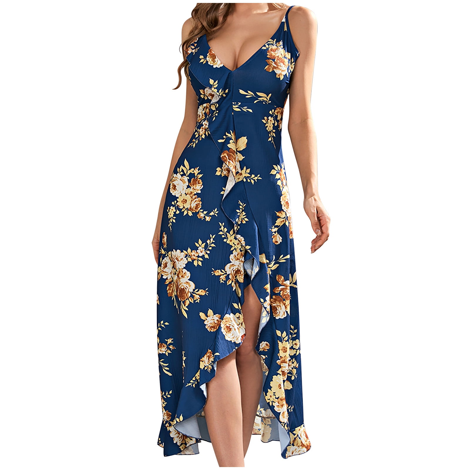 Womens Summer Floral Flowy Spaghetti Strap V-Neck Sleeveless Side Slit Irregular High Low Casual Beach Sundress Midi Dress 