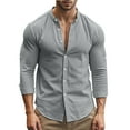 thumbnail image 4 of ZCFZJW Mens Long Sleeve Shirts Casual Rolled-up Sleeves Summer Button Down Shirt Men Band Collar Slim Fit Cotton Dress Shirts Gray S, 4 of 9