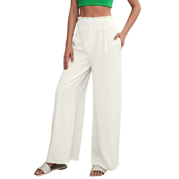 Pantalones casuales de cintura alta para mujer - Cintura elástica, corte holgado - Tejido suave y elástico para viajar, estar en casa o salir, para todas las estaciones