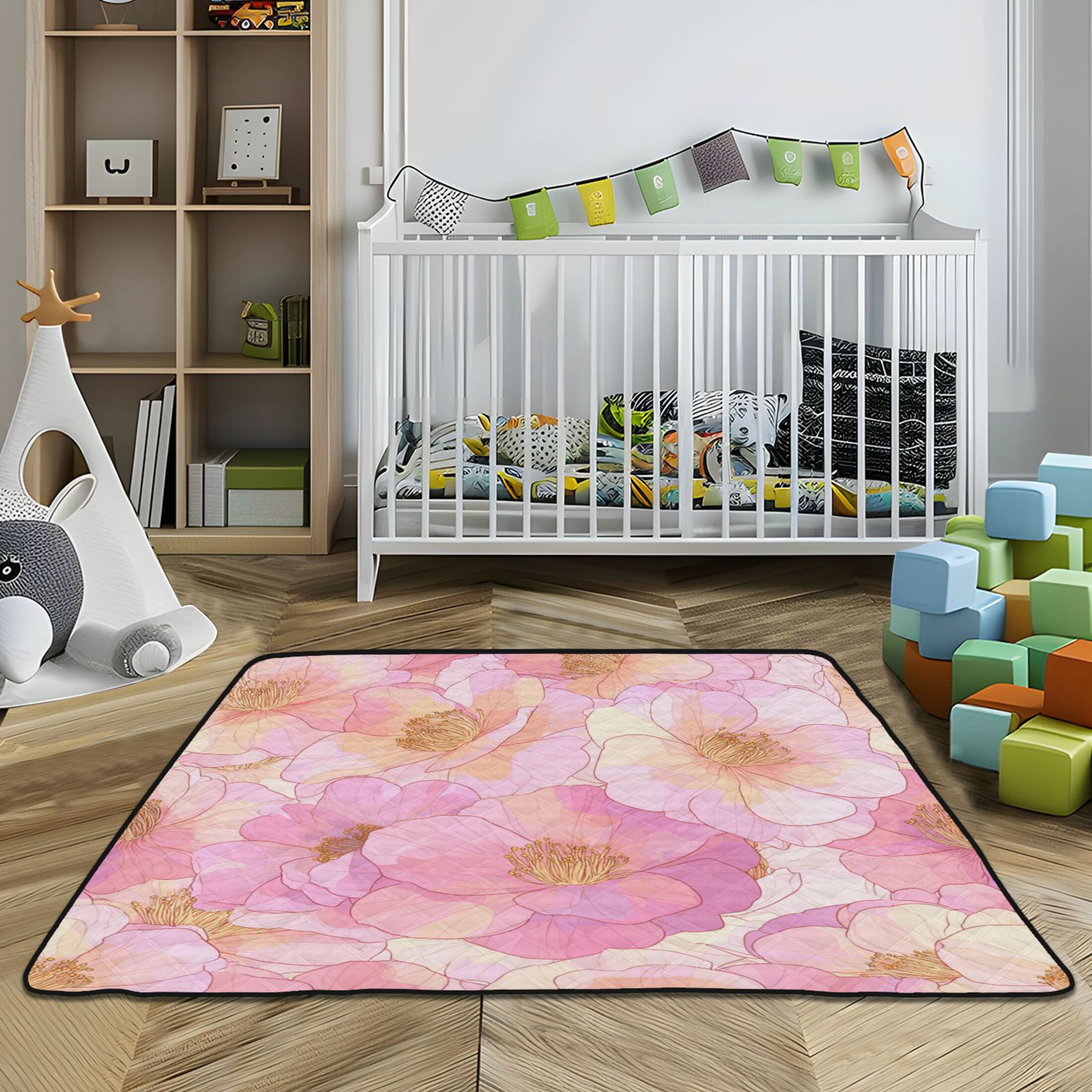 WOBOGO Pink Camellia Baby Playmats Extra Large Waterproof Rollable Activity Pads for Toddlers 50×50inch