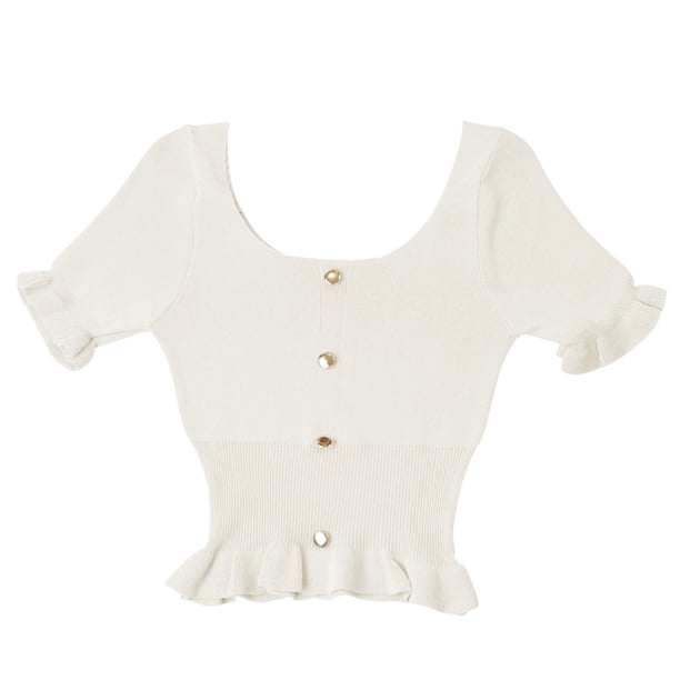 Camiseta de punto para mujer, manga corta, cuello cuadrado, corte ajustado, botón superior, blanco Vogacara AP001523-04B