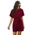 thumbnail image 3 of Women's Casual Boat Neck Rompers Loose Short Sleeve Jumpsuit High Waist Belted One Piece Playsuit Size XS-2XL, 3 of 9