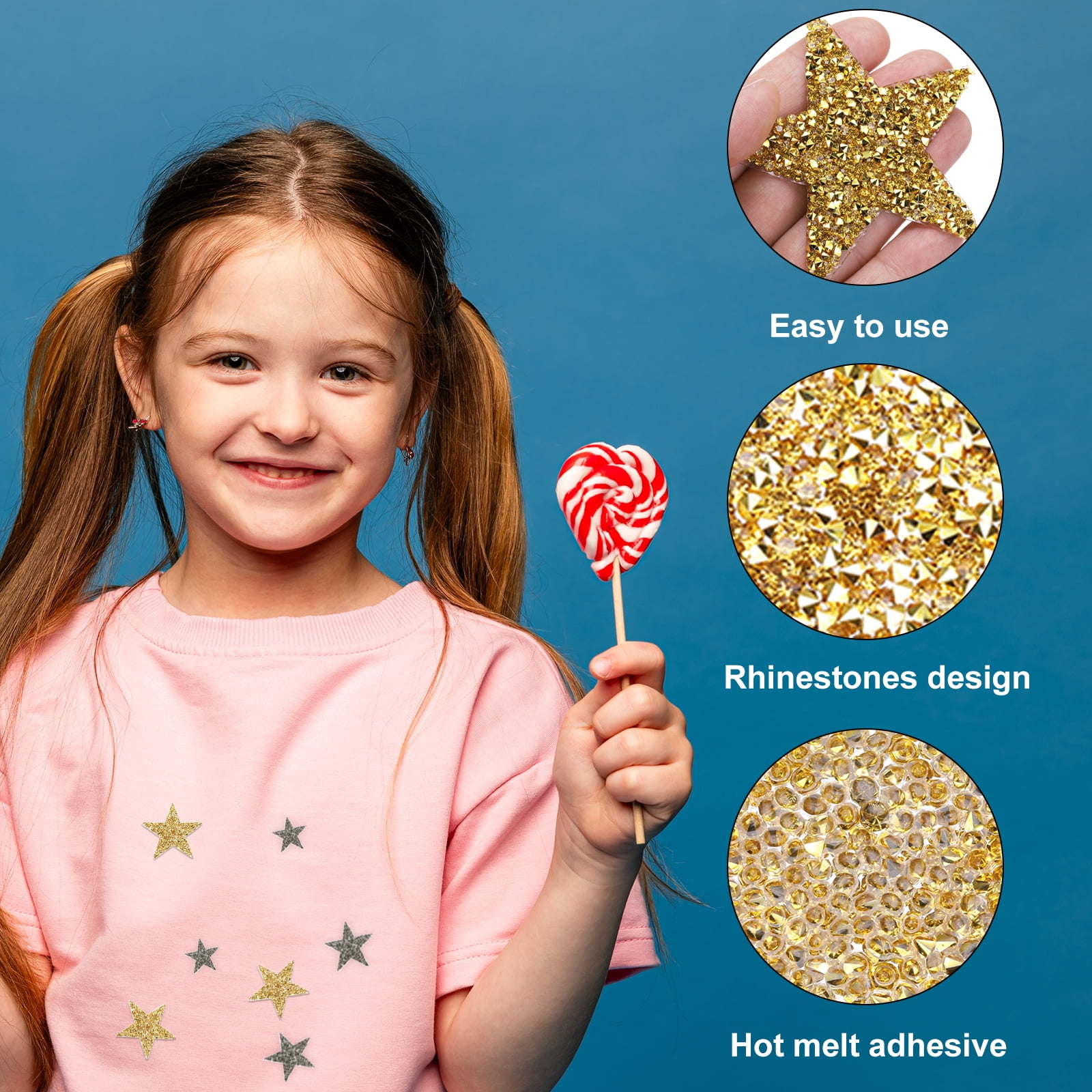 Uxcell 60Pcs Iron on Star Patches Rhinestone, Appliques Adhesive Glitter Embellishments Patches Mixed Size for Clothing Jeans DIY Repair (Gold Silver)