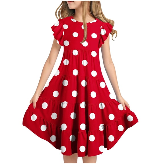 MGDXOX Girls Short Sleeve Round Neck Dress with Polka Dot Print and Tiered Skirt Casual Flared Swing Dress Red 6 Years