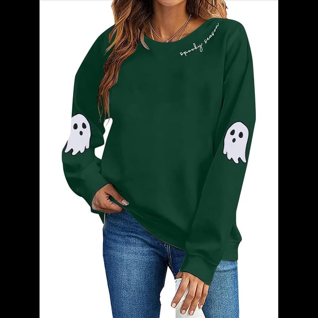 Suéter Informal de Larga con Cuello Redondo y Estampado de Calavera Fantasma para Mujer, para Otoño e Invierno, con Farolillos de Halloween Verde Oscuro XL