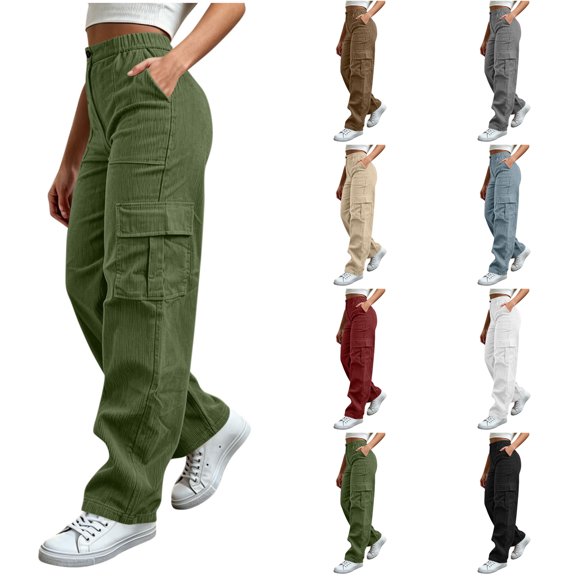 Nugftut Cargo Pants for Women Corduroy High Waisted Hiking Wide Leg Pants Streetwear Casual Fashion Outfits with Pockets
