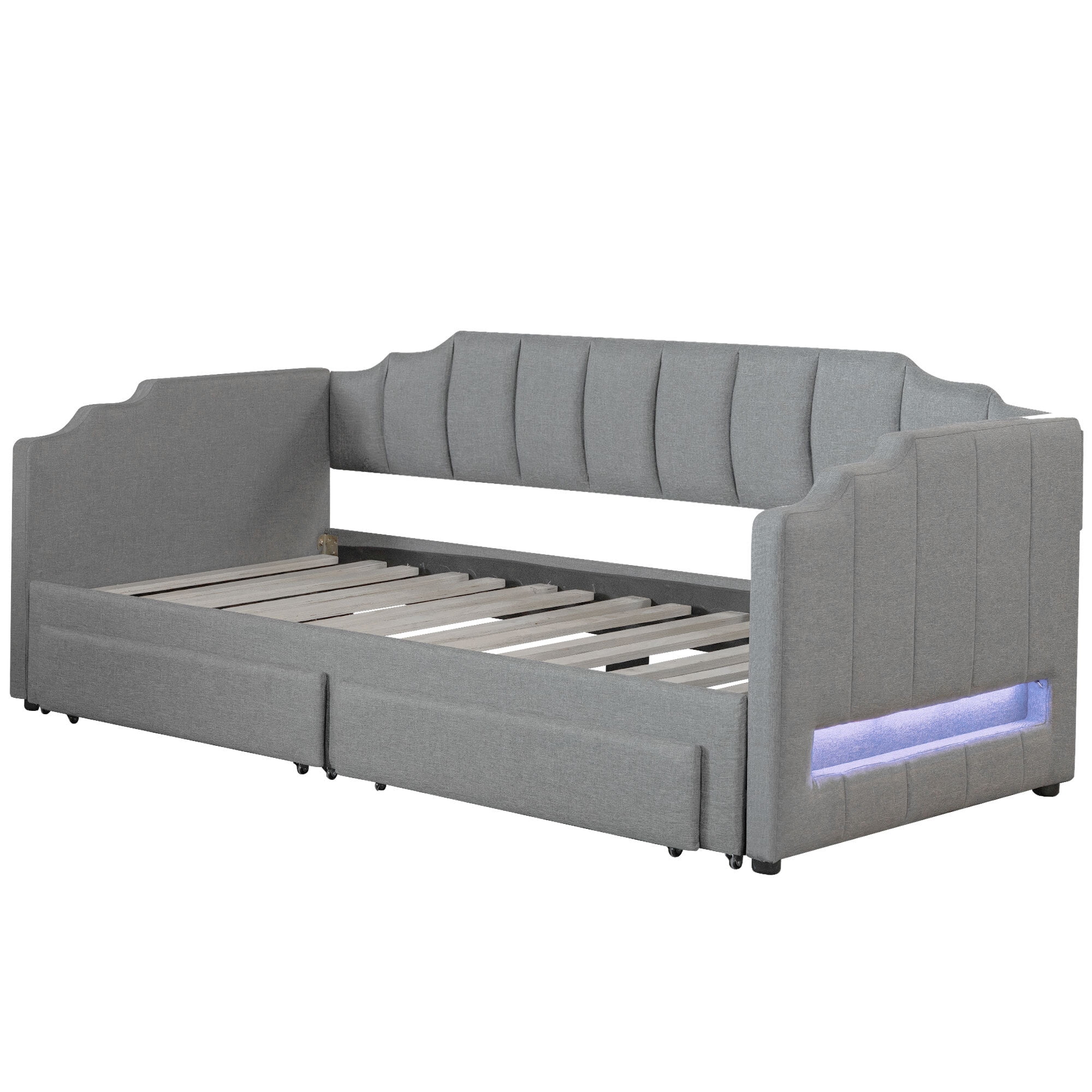 Euroco Upholstery Twin XL Extendable Daybed with Drawers & LED Lights, Convertible to King Size, Modern Beige Fabric, Multi-Functional Sleeper Sofa, Gray