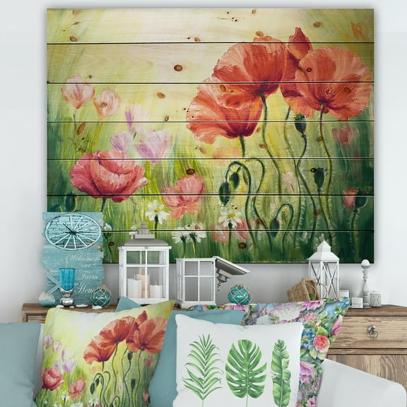 Designart 'Blossoming Red and Purple Poppies In The Morning I' Traditional Print on Natural Pine Wood