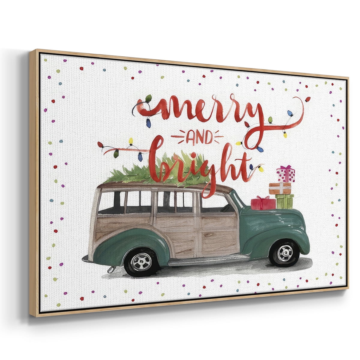 Christmas Cars Collection A - Framed Gallery Wrapped Holiday Canvas - 17 x 25 - Natural Wood Frame