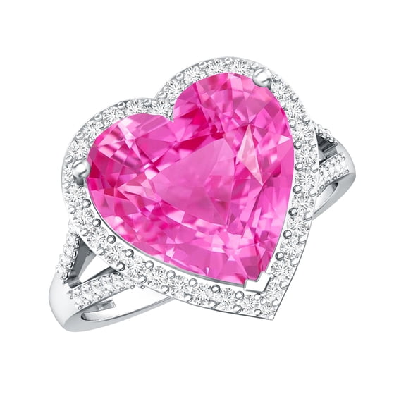 Rosec Jewels Lab Grown Pink Sapphire Heart Engagement Ring with Diamond Halo (5.5 Carat, AAAA Grade) - Gift For Special Occasions, 925 Sterling Silver, US 4.00