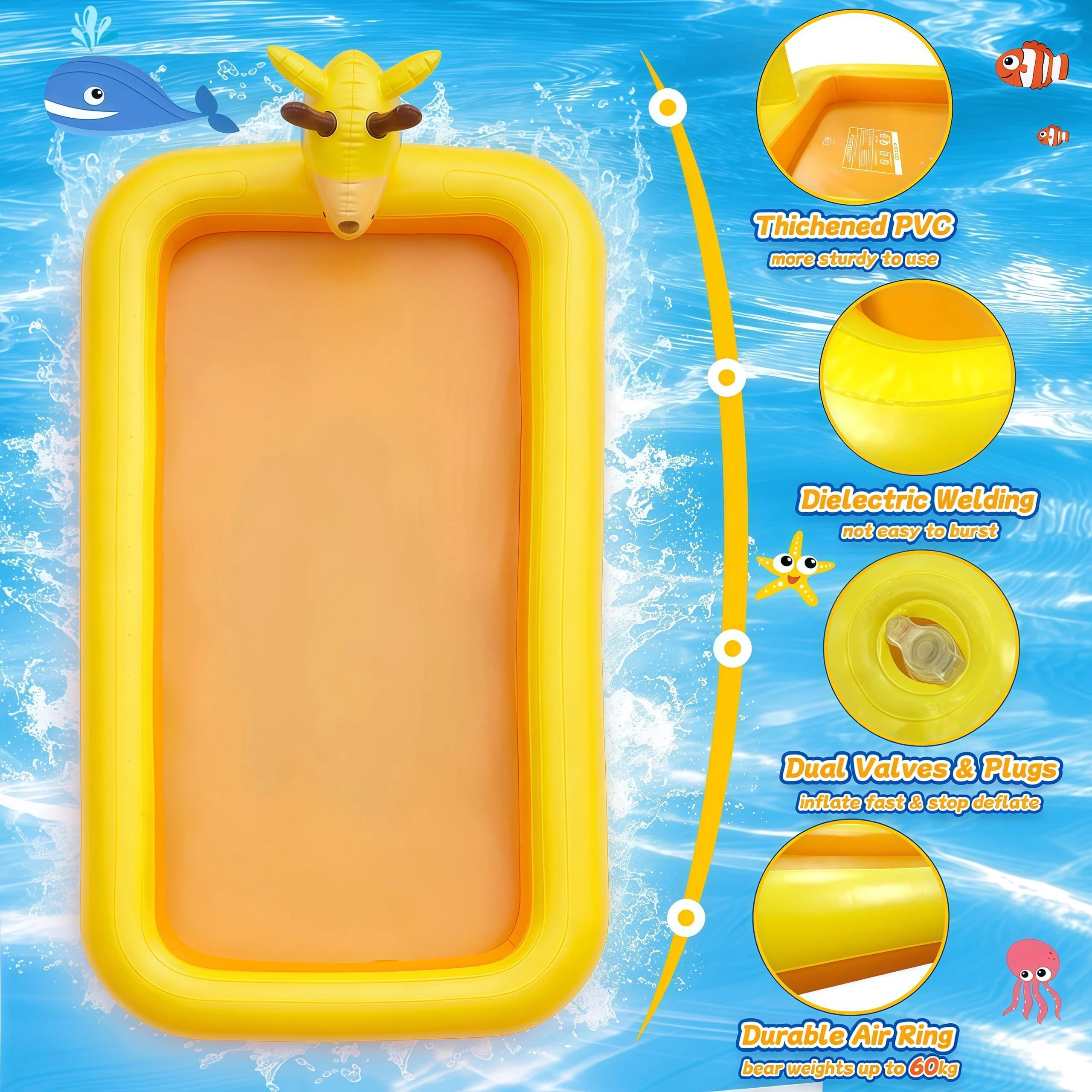 Teblint Giraffe Inflatable Pool, 78.74"x 43.3" x 5.9" Sprinkler Swimming Pool, Spray Kiddie Pool, Play Center Water Toys for Backyard Lawn, Above Ground, Outdoor