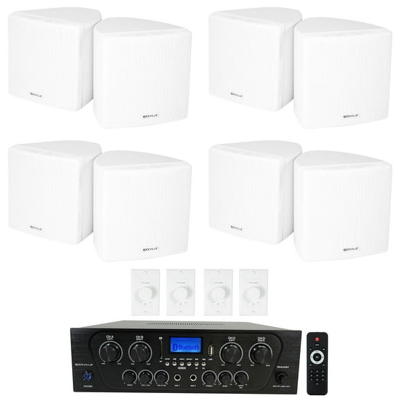 Rockville 4-Room Home Audio Kit Stereo 8) White Wall Cube Speakers Wall Controls
