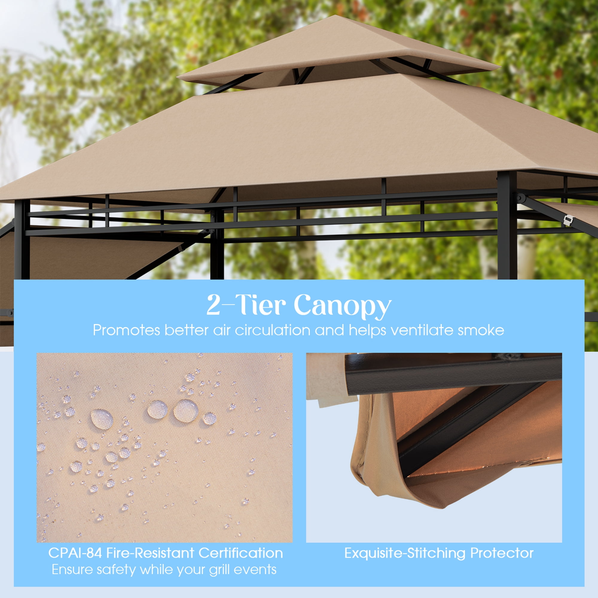 Gymax 13.5' x 4' Patio BBQ Grill Gazebo Side Awnings Shelves 2-Tier Canopy Outdoor