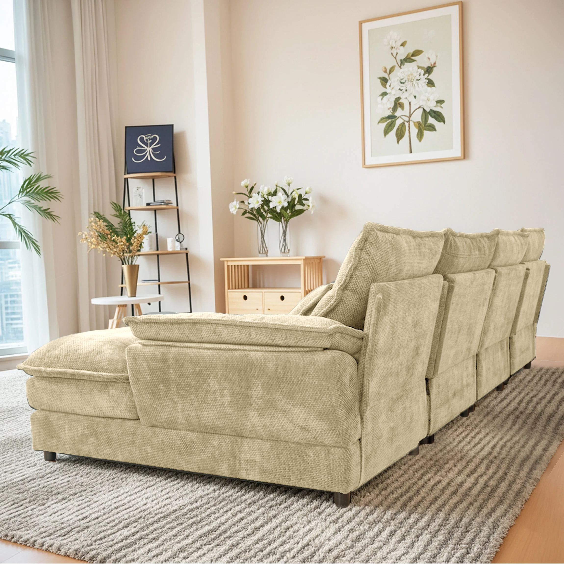 SEENYOO 110.24" U-Shaped Couch, Cloud Modular Sectional Sofa with Chenille Fabric, 4-Seat Comfy Couch for Living Room,Khaki