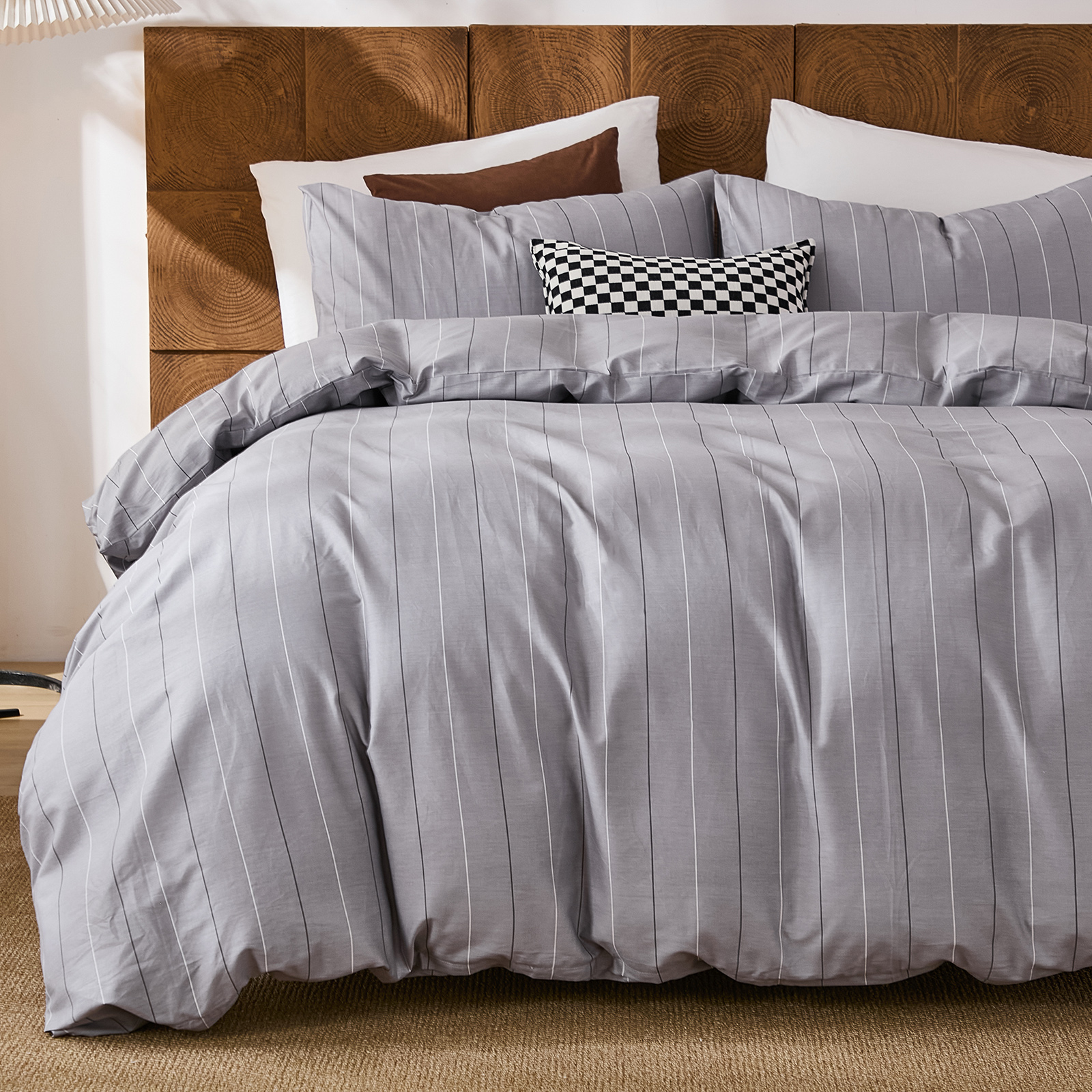 100% Cotton Stripe Duvet Cover Set Queen Size - Gray Striped Duvet Cover Set with Zipper Closure & 8 Corner Ties, Modern Minimalist Wide Stripe Bedding Set for Cozy Elegant Bedroom