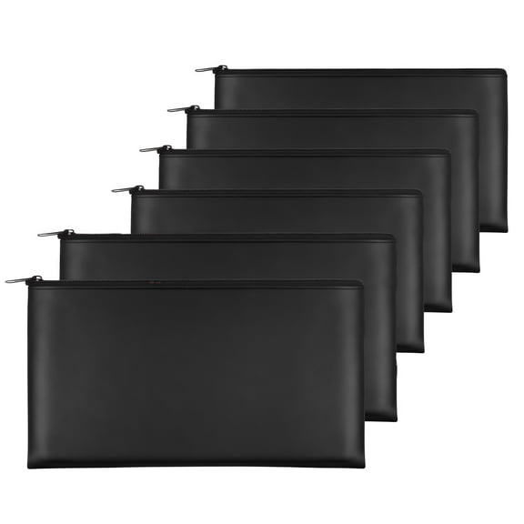 6 Pack Money Bag 11" X 6", Safe Durable Waterproof PU Leather Bank Bag with Zipper for Cash, Coin, Checks, Makeup Bills Receipts Tool Storage (Black)