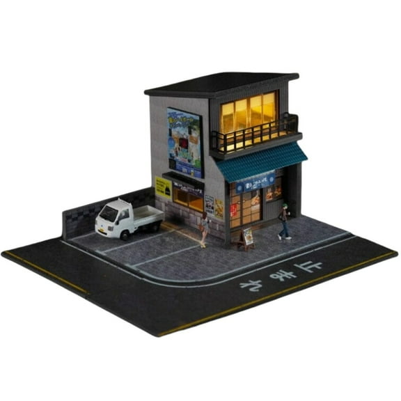 Diorama 1/64 Scale Garage Model LED Lighting Car Parking Lot Scene Display Model,Diecast Car Display Case,City Street Convenience Store Building Scene Display Model
