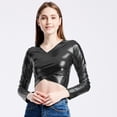 thumbnail image 5 of Fashion Glossy V Neck Crosses Wrap Long Sleeve Crop Top for Raves Parties Event Women Metallic Wetlook Bodycon T-Shirt, 5 of 9
