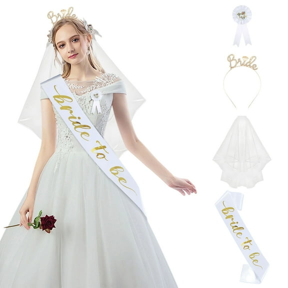 Bachelorette Party 4-Piece Bridal Headband, Veil, Strap and Badge Set, Wedding Shower Accessories, Bride Celebration Outfit, Party Costume Accessories