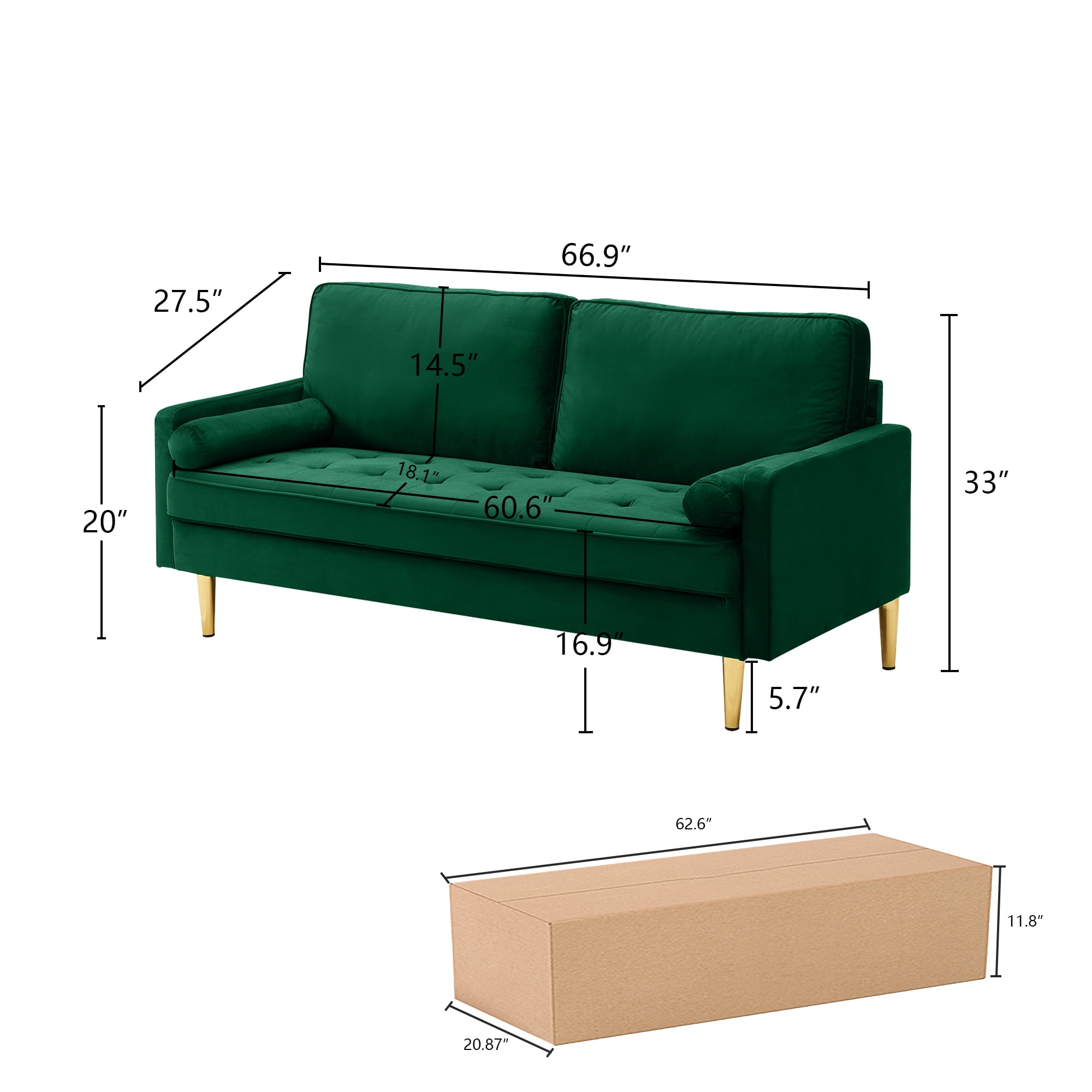 65" Velvet Upholstered Small Loveseat Couch, 2 Seater Sofa with Pine Wood Frame, Comfortable Loveseat with High-Density Sponge for Living Room, Green