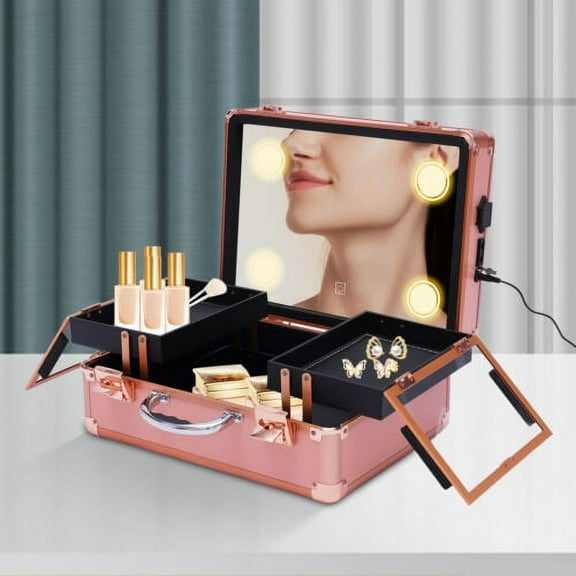 2-Layer Train Makeup Case with LED Mirror Portable 2 Locks Multifunction
